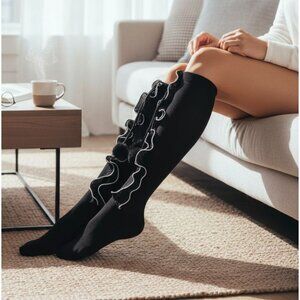 Knee High Socks – Black With Ruffle Trim & Pom-Poms – Cozy Cute PTLHZ OS